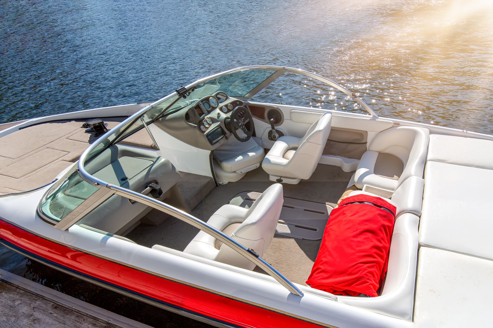 A boat waiting for a ride on a lake near Georgian Bay and Blue Mountain resort in Muskoka, Ontario